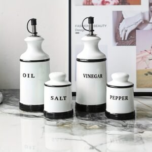 Vintage-Inspired Ceramic Condiment Set (Oil, Vinegar, Salt, Pepper)