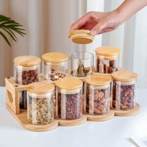 Bamboo & Glass Spice Jar Set with Organizer