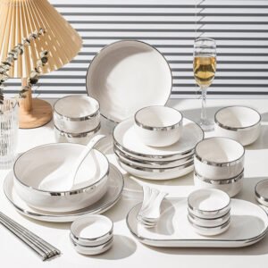 Silver - Rimmed White Ceramic Tableware Set