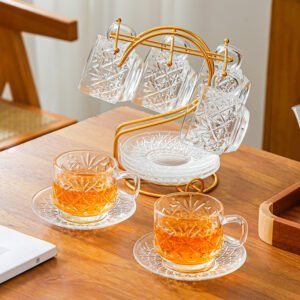 Clear Glass Tea Cup and Saucer Set with Golden Metal Rack