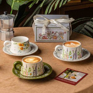 Hand-Painted Floral Ceramic Coffee Cup and Saucer Set - Whimsical Garden-Inspired Design for Tea & Coffee Lovers