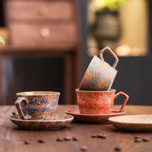Artisanal Speckled Ceramic Cappuccino Cup and Saucer Set - Vibrant Design for Coffee Connoisseurs