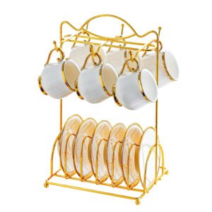Luxury Ceramic Coffee Cup and Saucer Set with Gold Metal Rack