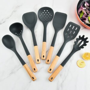 7-Piece Silicone Kitchen Utensil Set with Wooden Handles