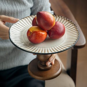 Ribbed Ceramic Pedestal Fruit Plate with Wooden Base: Elevate Your Tabletop Aesthetics