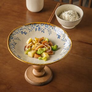 Vintage Blue Floral Ceramic Pedestal Serving Bowl: Elevate Your Culinary Presentation
