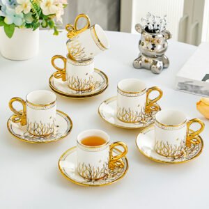 Golden-Embellished Ceramic Espresso Cup and Saucer Set: Elevate Your Coffee Ritual with Elegance