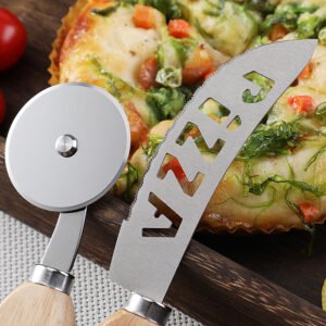 Pizza Cutter & Server Set: Stainless Steel Pizza Tool Kit with Wooden Handle