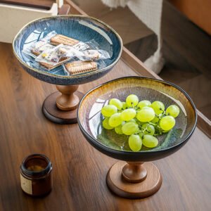 Modern Black Ceramic Pedestal Fruit Bowl with Wooden Base: Elevate Your Home’s Sophistication