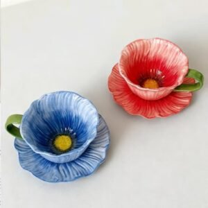 Hand-Painted Poppy Flower Ceramic Tea Cup and Saucer Set - Artistic Floral Drinkware for Tea Enthusiasts