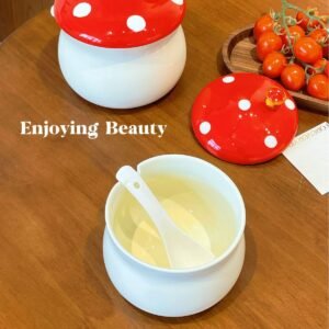 "Red Mushroom Lidded Ceramic Soup Bowls: Whimsical Foraging-Themed Serving Dishes with Spoon"