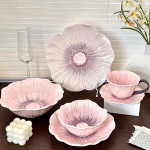 "Blush Poppy Flower Ceramic Tableware Set: Elegant 3D Petal Design for Stylish Dining"