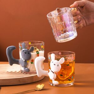 Cute 3D Rabbit Hand-Painted Glass Mug with Unique Handle for Tea & Coffee Lovers
