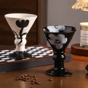 Contrast Floral Ceramic Pedestal Bowls (Black & White Artistic Design)