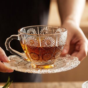Vintage Carved Glass Cup & Saucer: Sparkle in Every Sip