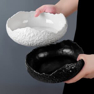 Textured Ceramic Serving Bowl (White & Black Matte Finish)