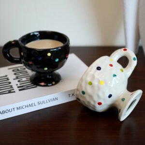 Polka Dot Pedestal Ceramic Mug (Glossy Black with Colorful Spots)